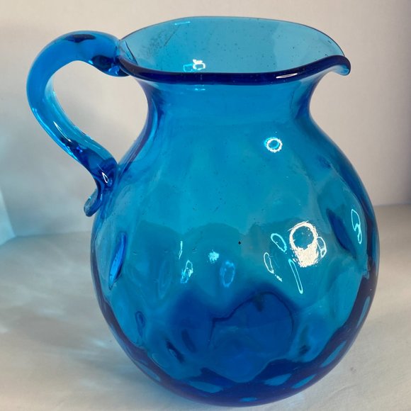 Vintage Blue Art Glass Pitcher With Coin Dot Design - Picture 2 of 7
